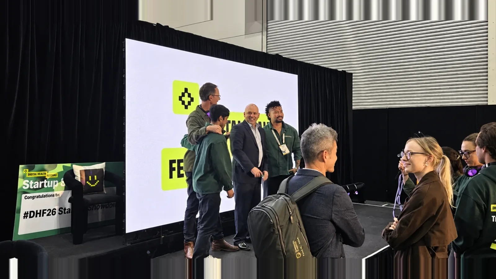 Vitara CarePilot co-founders on stage after placing second in the Startup Showdown at the Digital Health Festival in Melbourne - first startup pitch