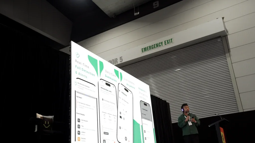 Vitara CarePilot pitch slide showing real-time fall detection and alerts, daily care summaries and live updates in the carer app