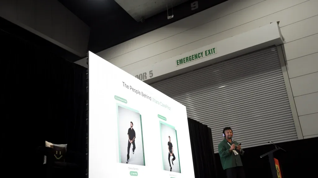 The People Behind Vitara CarePilot slide showing co-founders Daniel Barreto and Wasif Hossain during the startup pitch